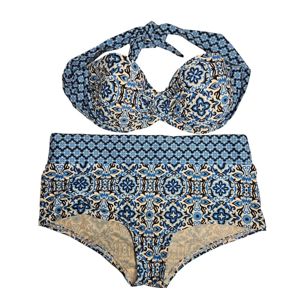 George Bikinki 36 B/C Size 10 Halter underwire Blue Geometric Beachy Vacation